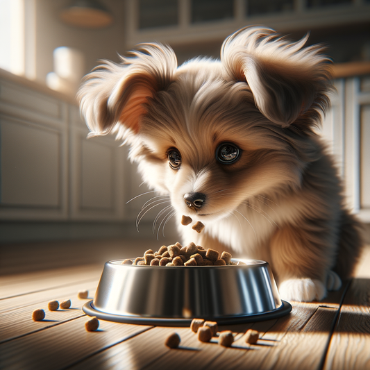 Cute puppy eating from a bowl