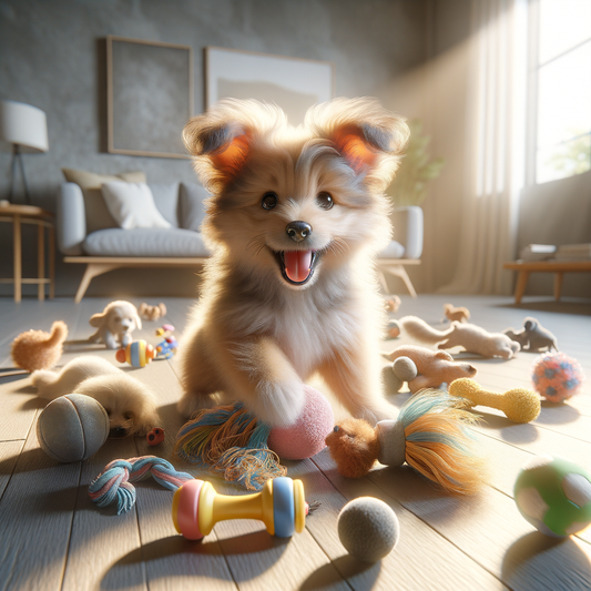 Puppy playing with toys